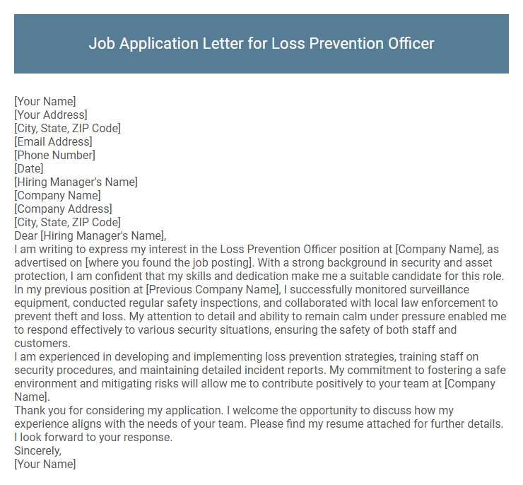 Job Application Letter for Loss Prevention Officer