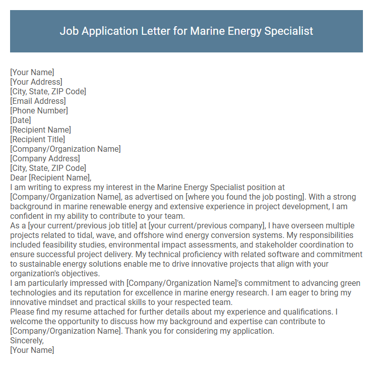 Job Application Letter for Marine Energy Specialist
