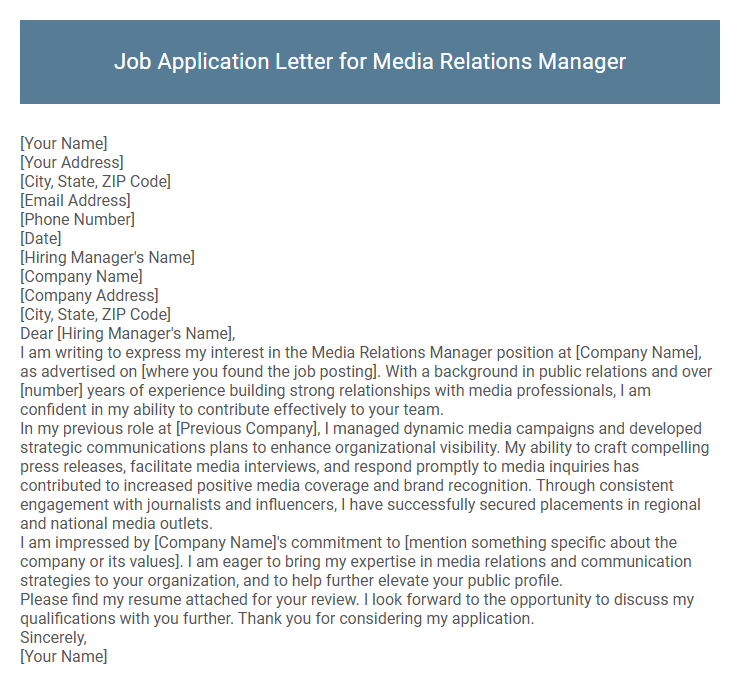 Job Application Letter for Media Relations Manager