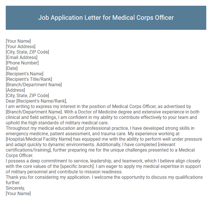 Job Application Letter for Medical Corps Officer