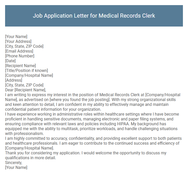 Job Application Letter for Medical Records Clerk