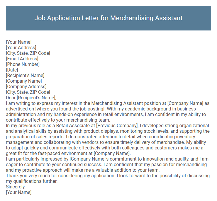 Job Application Letter for Merchandising Assistant