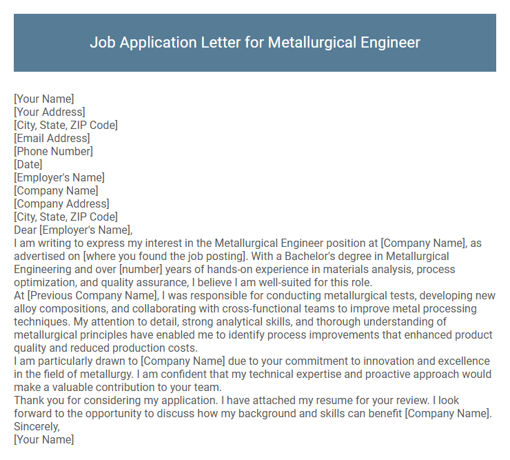 Job Application Letter for Metallurgical Engineer