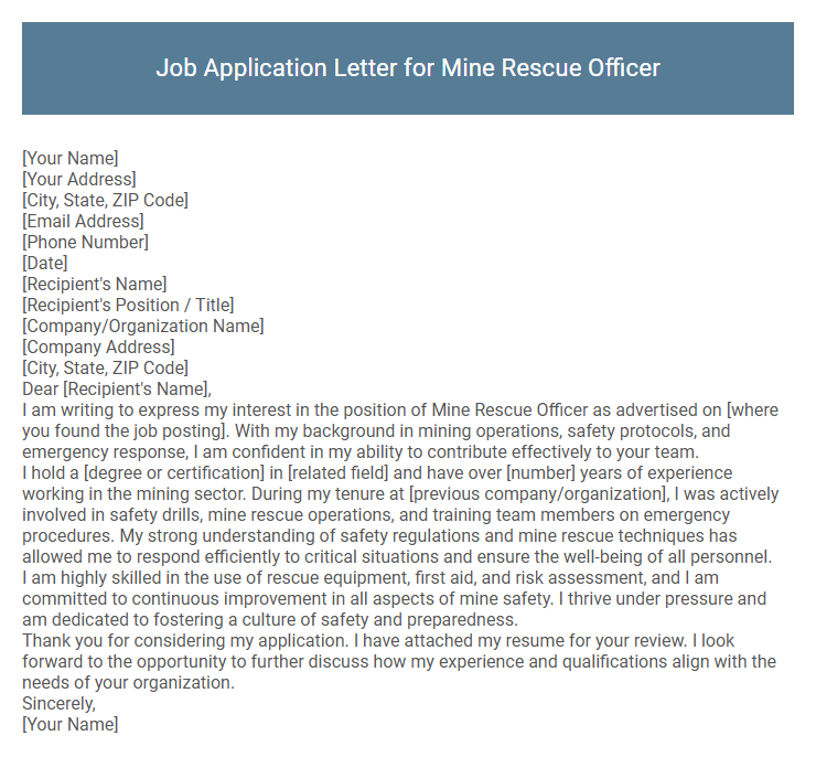 Job Application Letter for Mine Rescue Officer