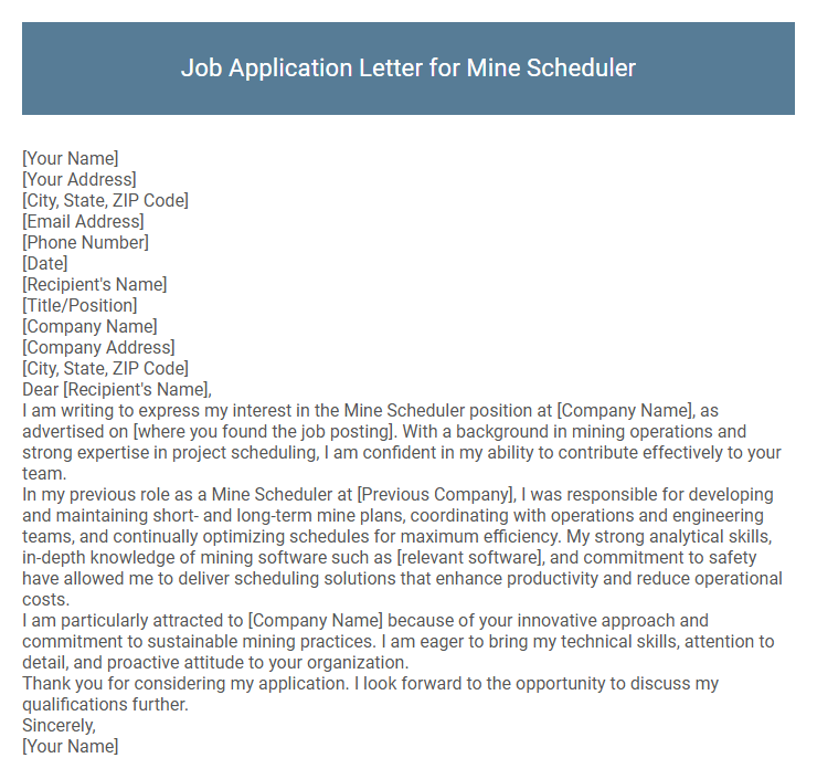 Job Application Letter for Mine Scheduler