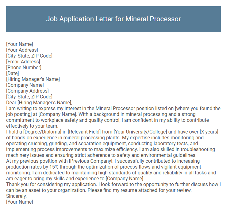 Job Application Letter for Mineral Processor