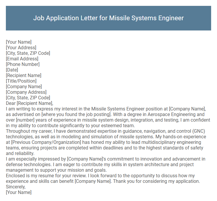 Job Application Letter for Missile Systems Engineer