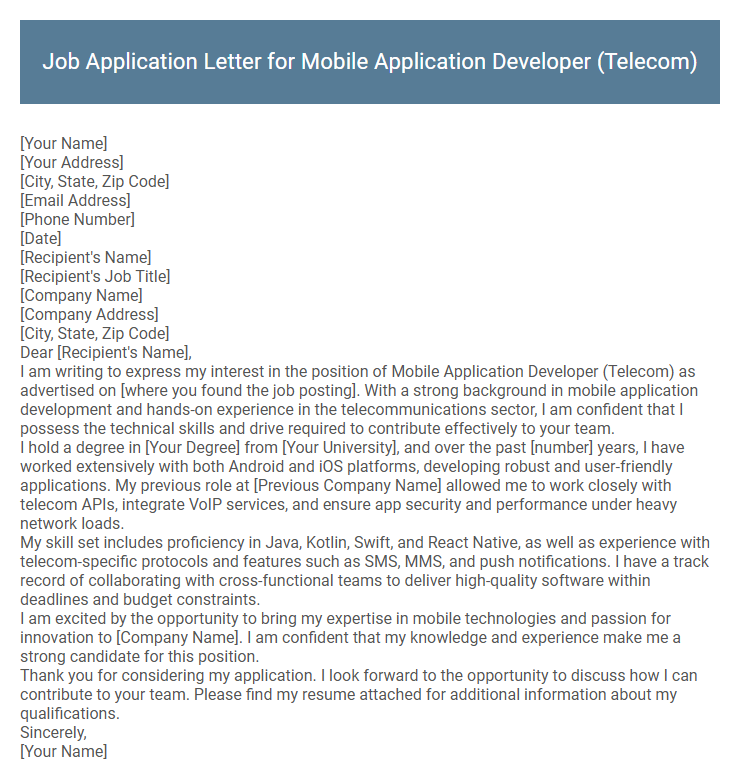 Job Application Letter for Mobile Application Developer (Telecom)