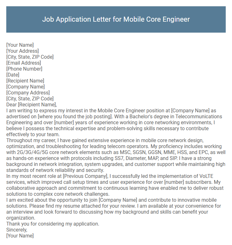Job Application Letter for Mobile Core Engineer