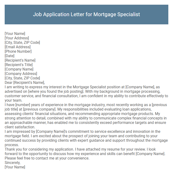 Job Application Letter for Mortgage Specialist