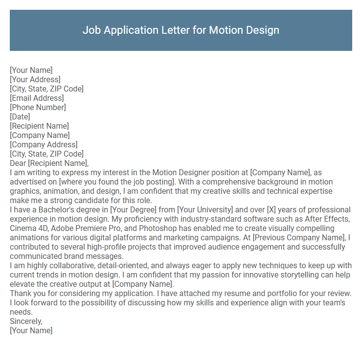 Job Application Letter for Motion Design