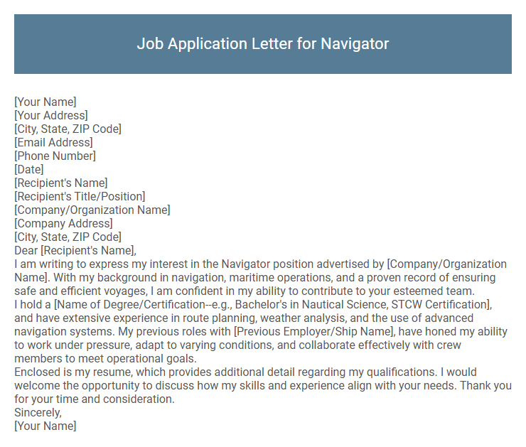 Job Application Letter for Navigator
