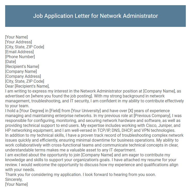 Job Application Letter for Network Administrator