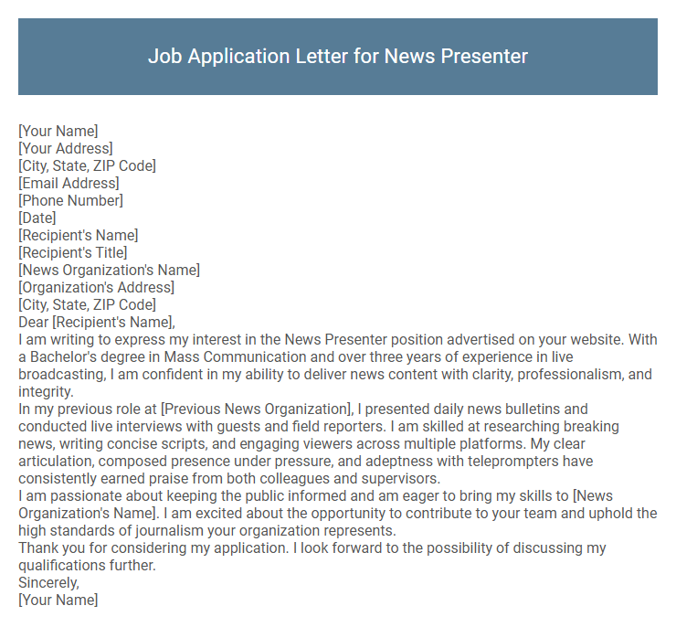 Job Application Letter for News Presenter
