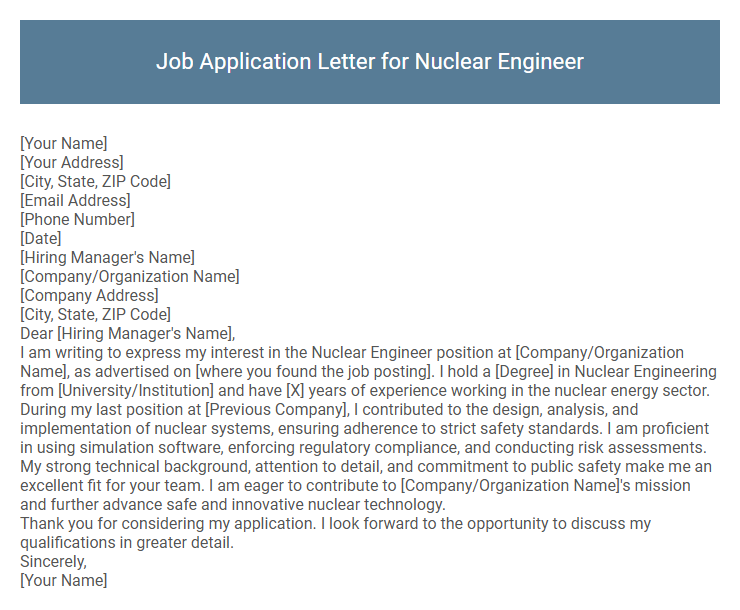 Job Application Letter for Nuclear Engineer