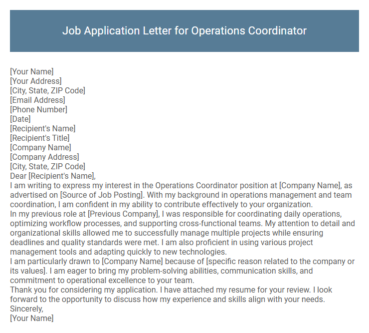 Job Application Letter for Operations Coordinator
