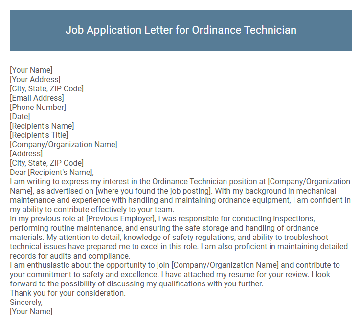 Job Application Letter for Ordinance Technician