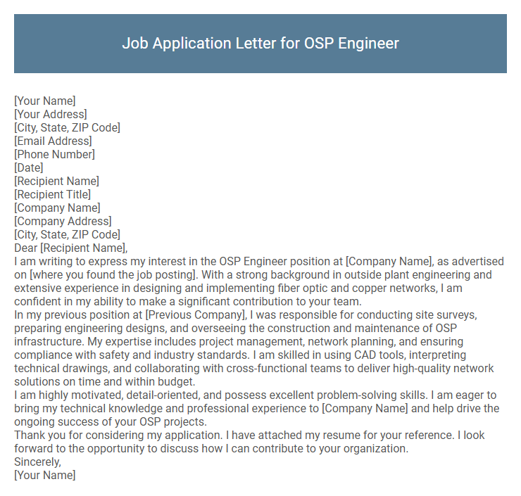 Job Application Letter for OSP Engineer