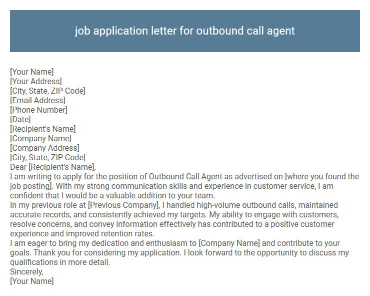 job application letter for outbound call agent