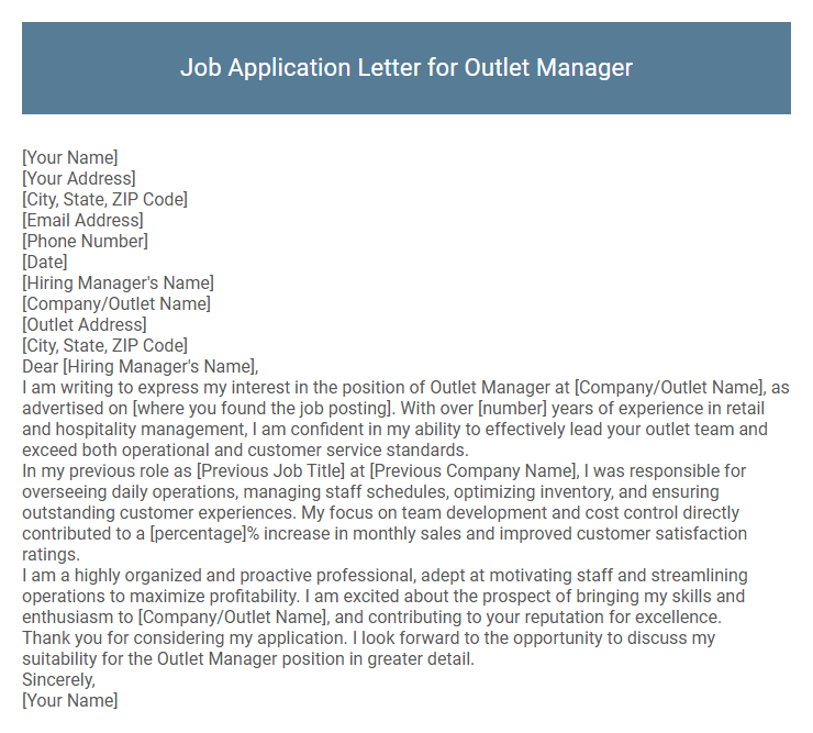 Job Application Letter for Outlet Manager