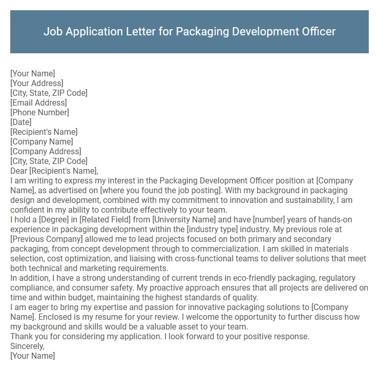 Job Application Letter for Packaging Development Officer