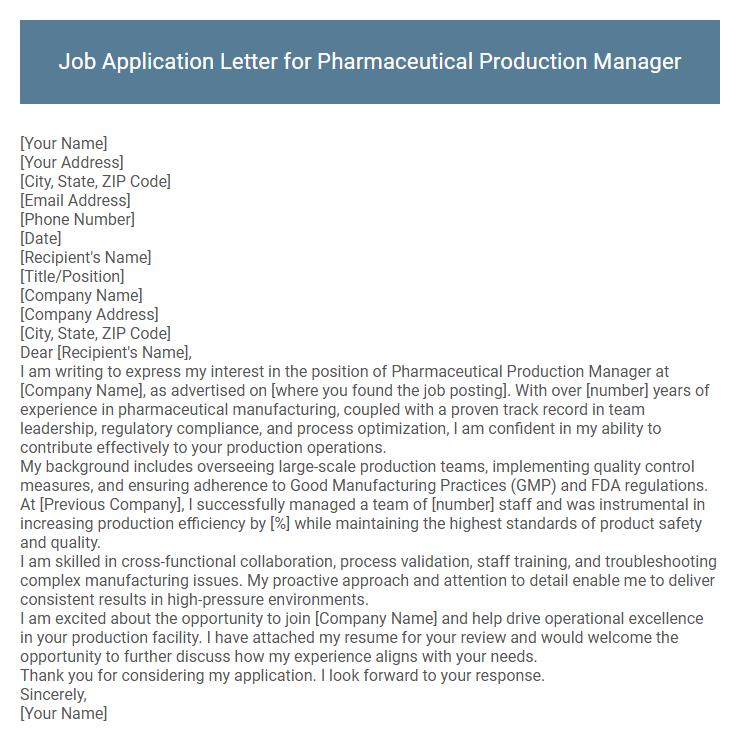 Job Application Letter for Pharmaceutical Production Manager
