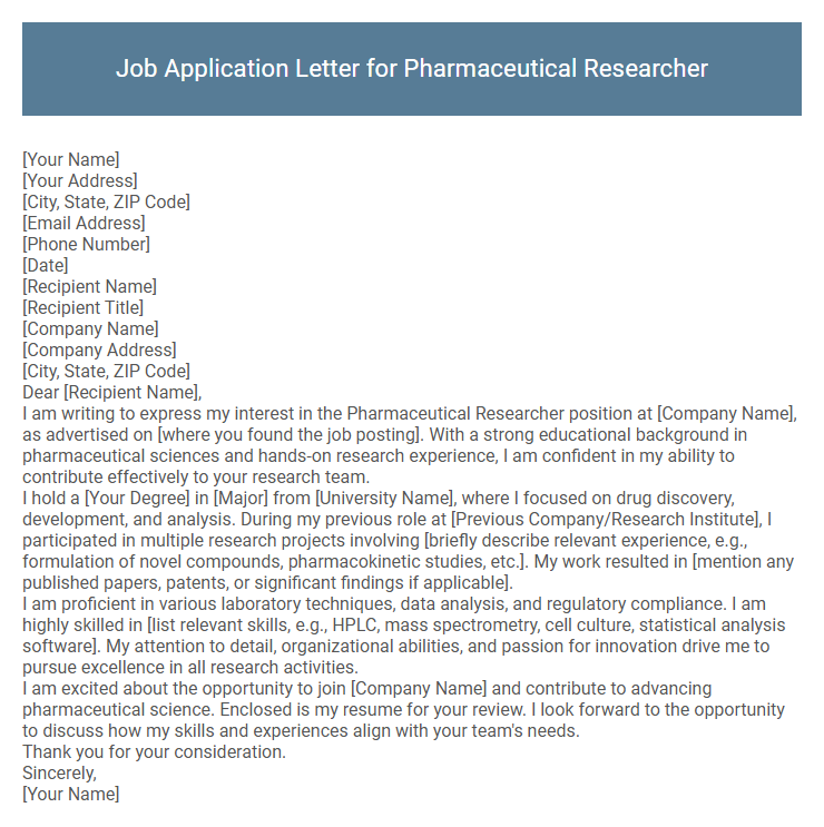 Job Application Letter for Pharmaceutical Researcher