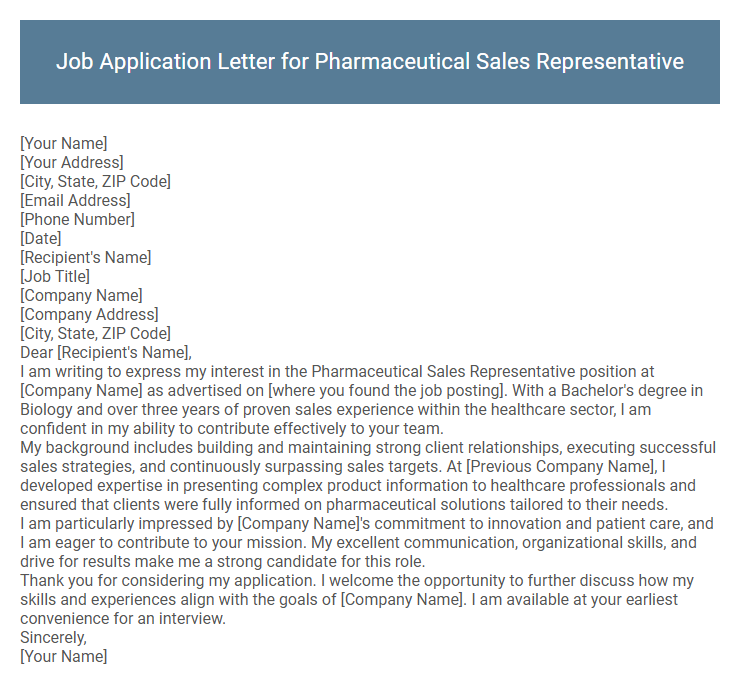 Job Application Letter for Pharmaceutical Sales Representative