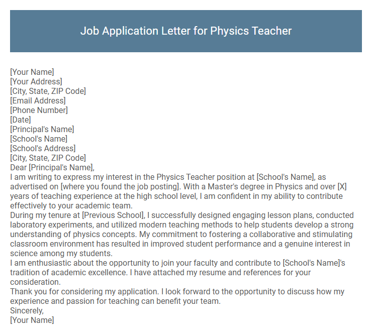 Job Application Letter for Physics Teacher