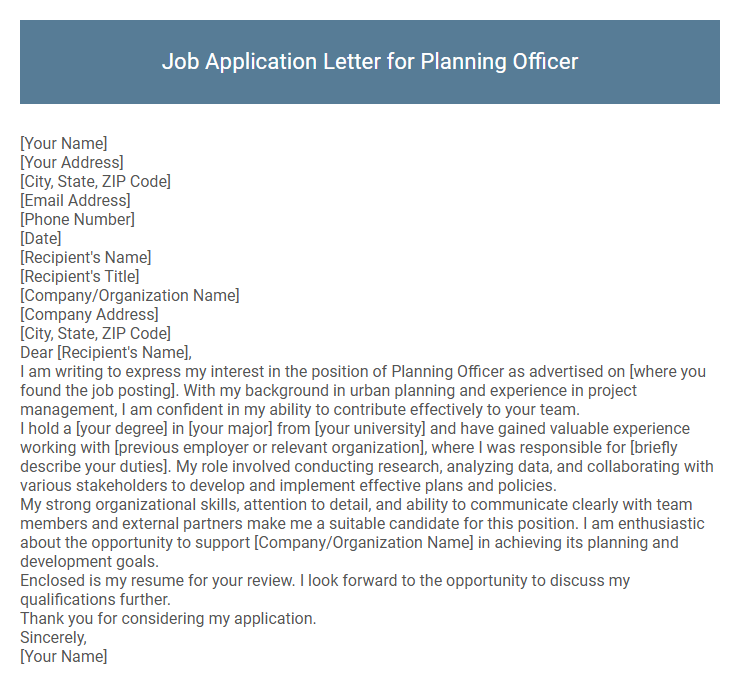 Job Application Letter for Planning Officer