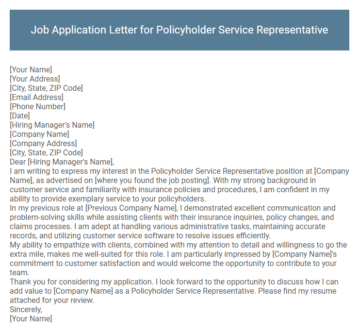 Job Application Letter for Policyholder Service Representative