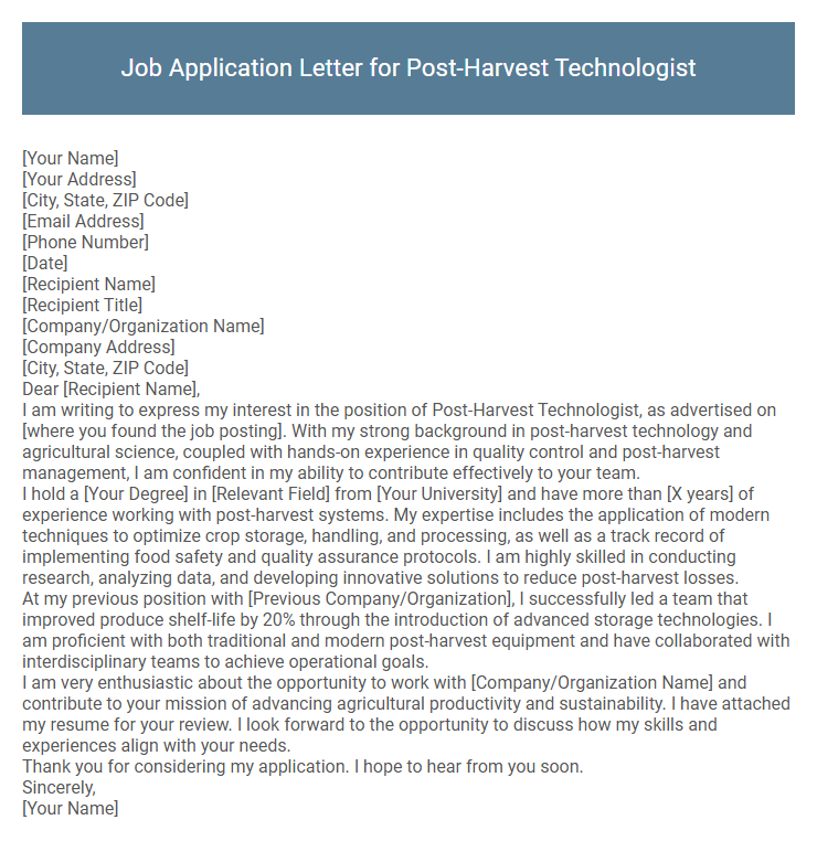 Job Application Letter for Post-Harvest Technologist