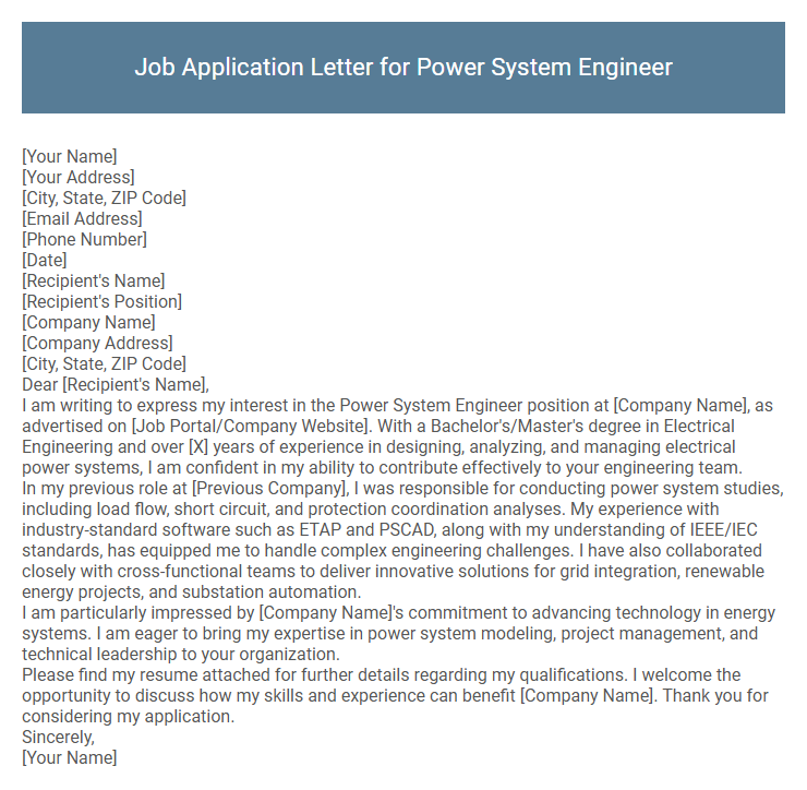 Job Application Letter for Power System Engineer