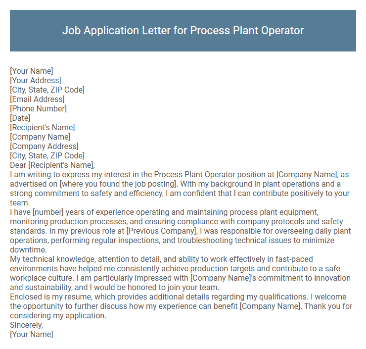 Job Application Letter for Process Plant Operator