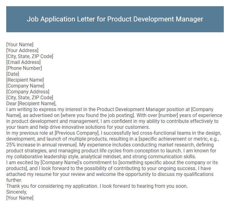 Job Application Letter for Product Development Manager