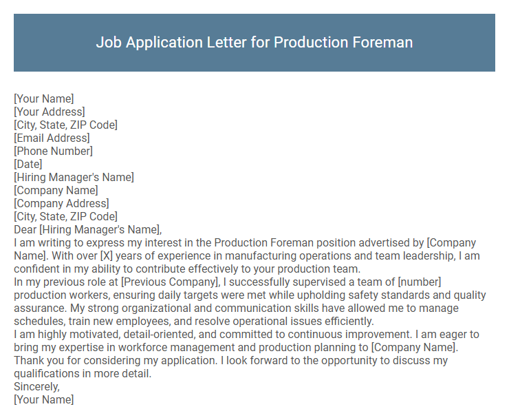 Job Application Letter for Production Foreman