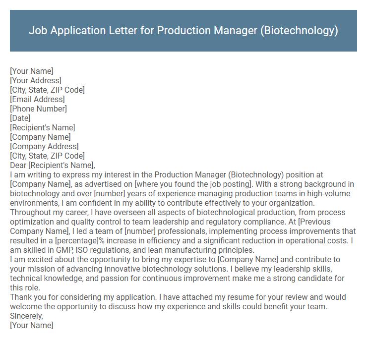 Job Application Letter for Production Manager (Biotechnology)