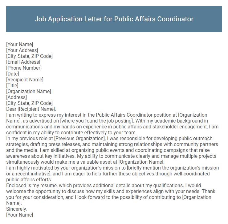 Job Application Letter for Public Affairs Coordinator