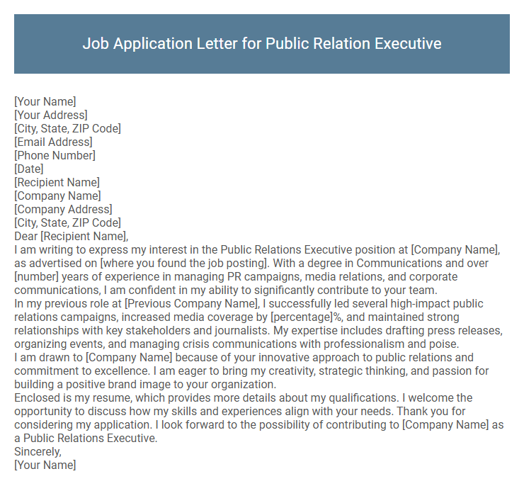 Job Application Letter for Public Relation Executive