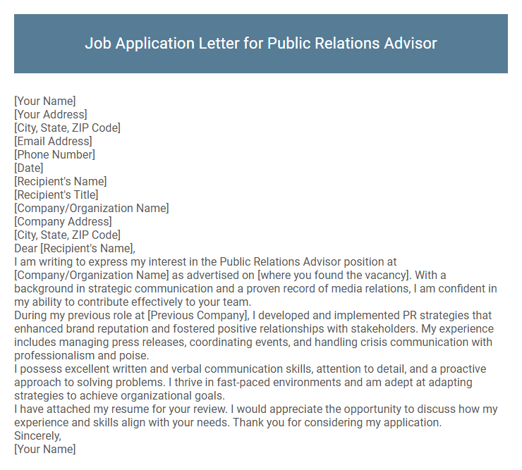 Job Application Letter for Public Relations Advisor