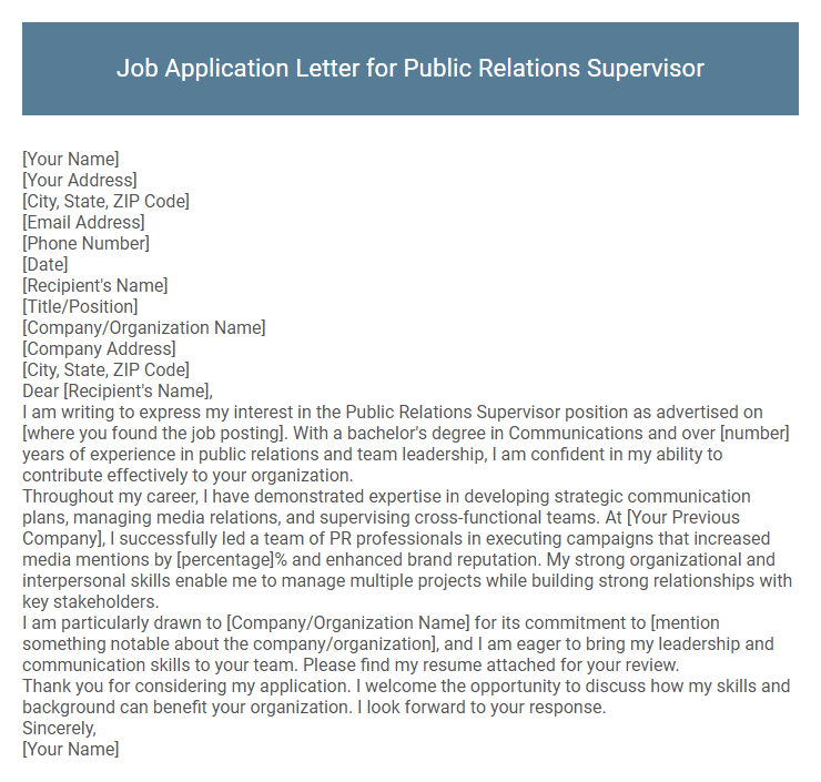 Job Application Letter for Public Relations Supervisor