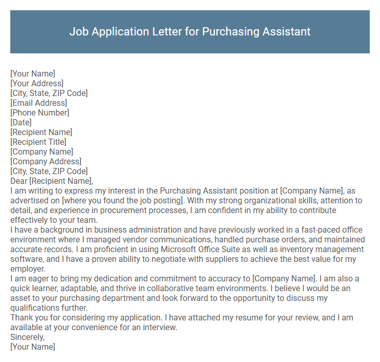 Job Application Letter for Purchasing Assistant
