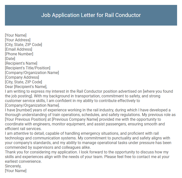 Job Application Letter for Rail Conductor