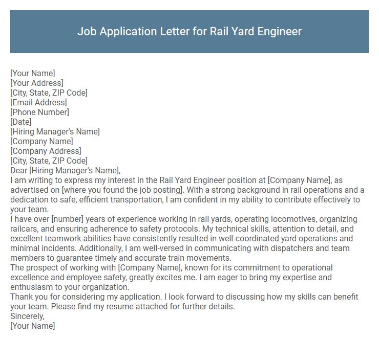 Job Application Letter for Rail Yard Engineer