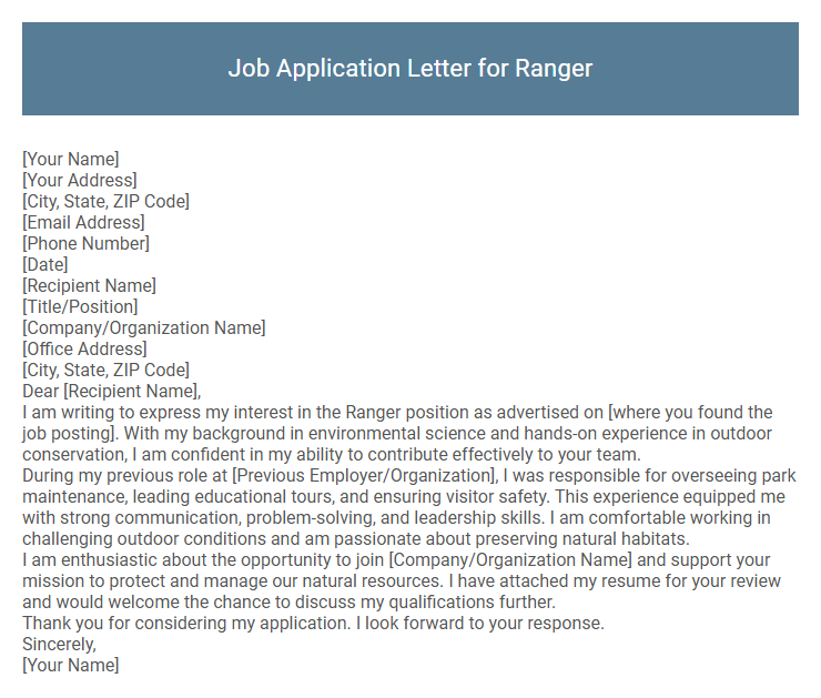 Job Application Letter for Ranger