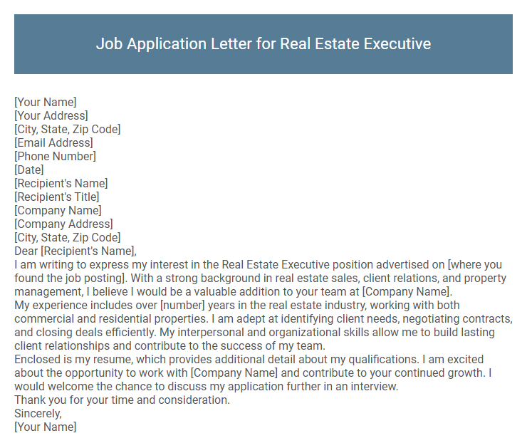 Job Application Letter for Real Estate Executive
