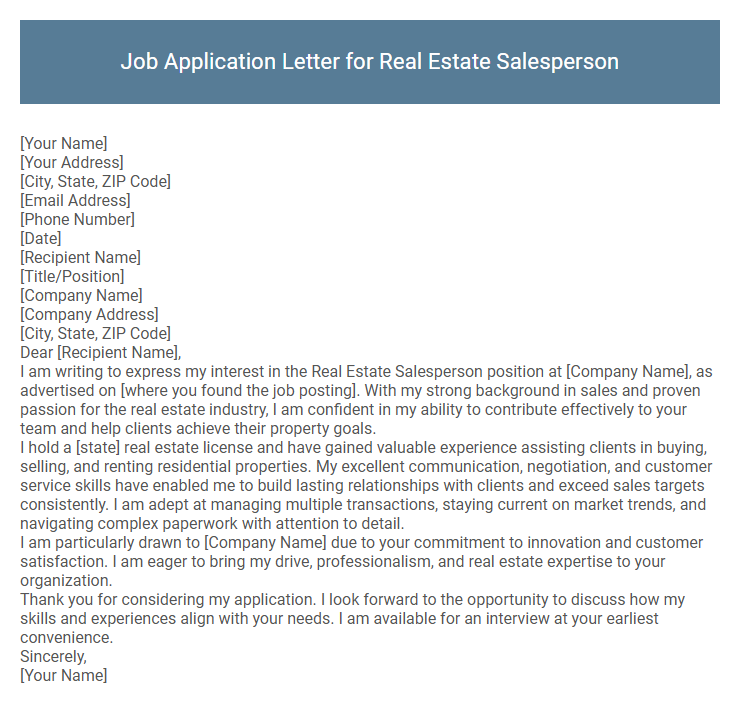 Job Application Letter for Real Estate Salesperson