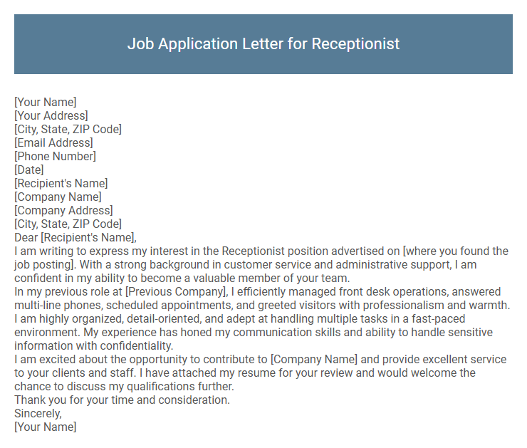 Job Application Letter for Receptionist