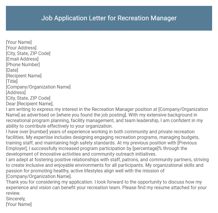 Job Application Letter for Recreation Manager