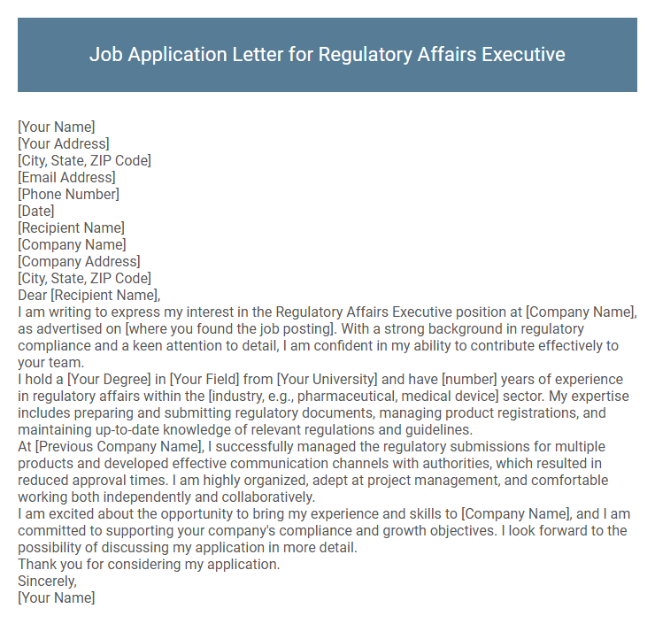 Job Application Letter for Regulatory Affairs Executive